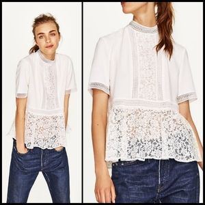 EUC Zara Woman Contrast Lace Peplum Top in White